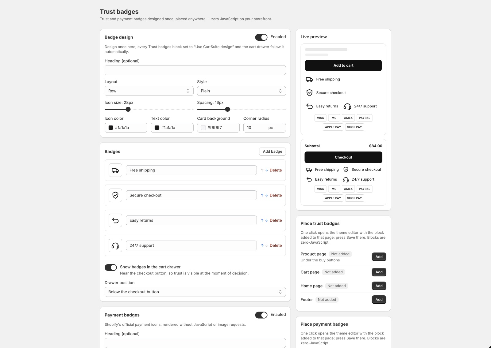 Trust badge designer with seals and payment icons