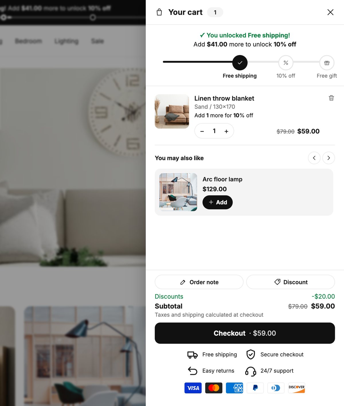 CartSuite slide cart with rewards bar, upsells and trust badges