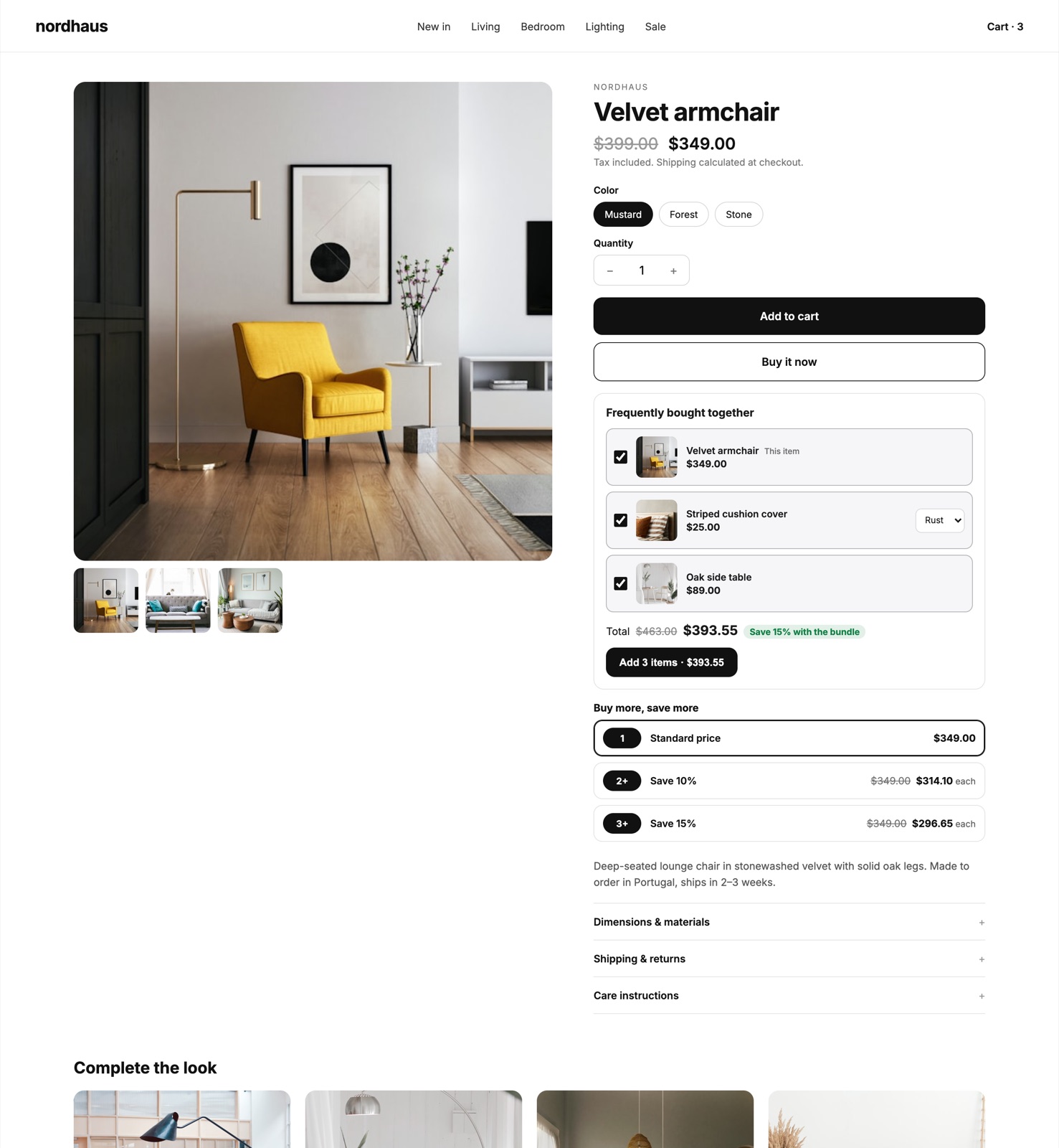 Product page with a frequently bought together bundle and quantity breaks