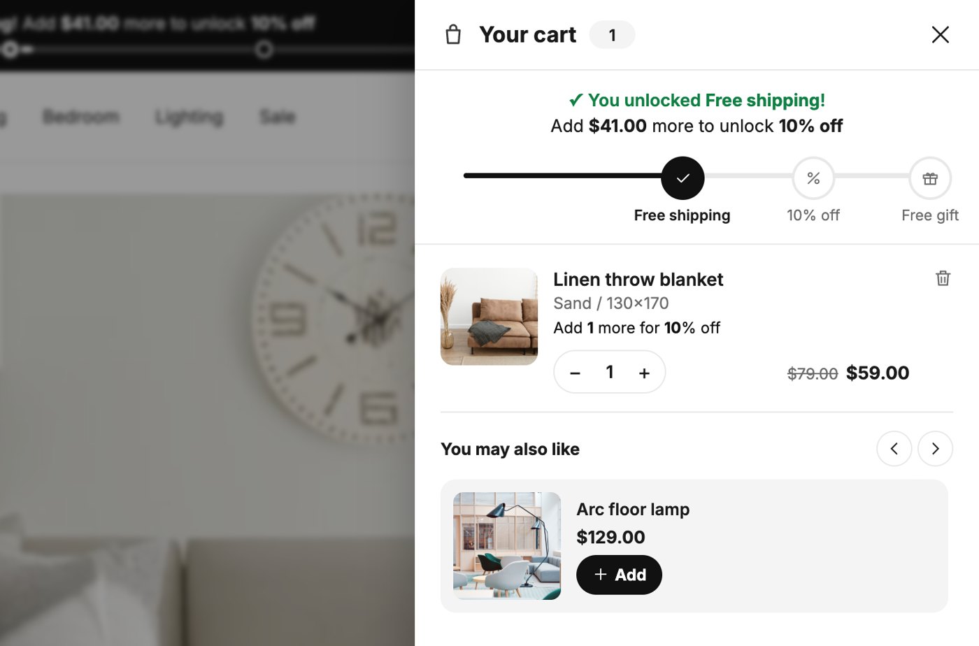 CartSuite slide cart with a tiered free shipping and rewards bar